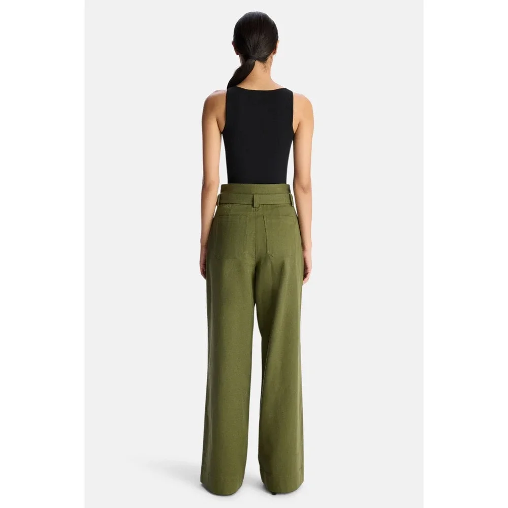 ALC Emily Belted Twill Pants Green High Waist Wide Leg‎ Cotton Trousers 4 NEW